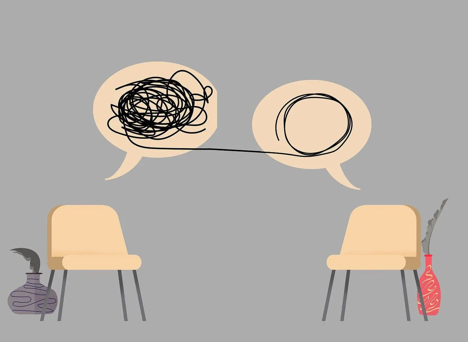 Ergotherapie Obstallee, Illustration von 2 leeren Stühlen und Chat-Blasen mit organisierten Gedanken und unordentlichen Gedanken