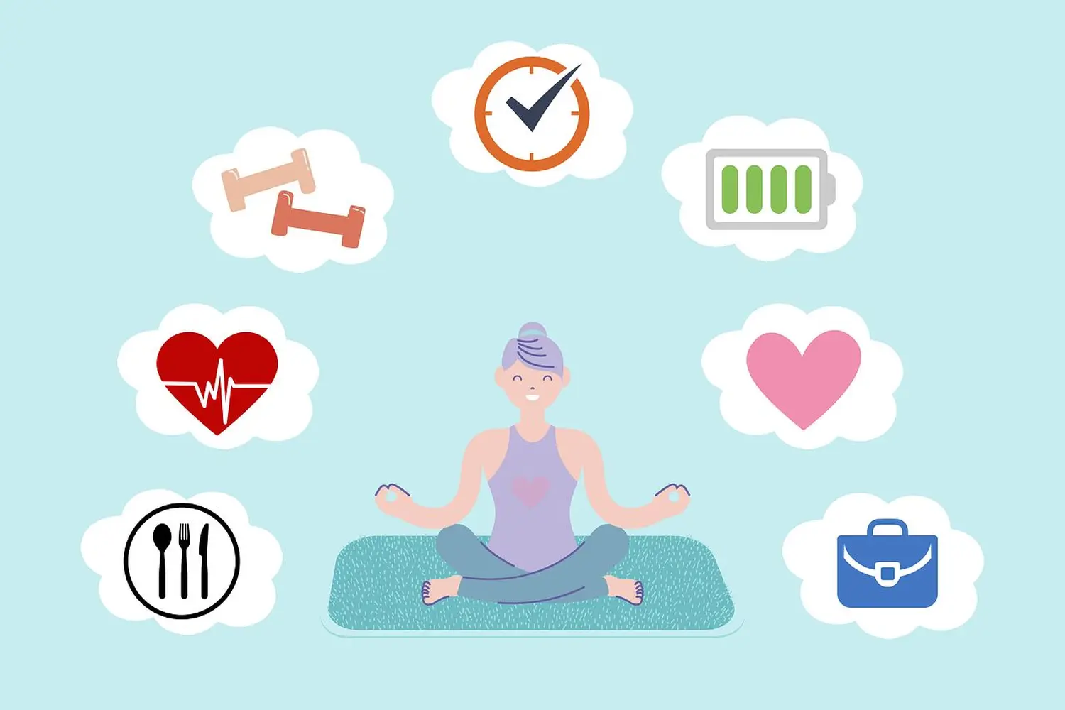 Ergotherapie Obstallee, Illustration einer glücklichen Frau beim Yoga, Konzept für ein ausgeglichenes Leben